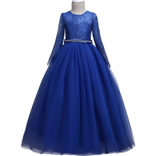 High-End Summer Tulle Lace Pageant Flower Girl Dresses for Girls long sleeve lace dress Zircon Elegant Piano performance Princes