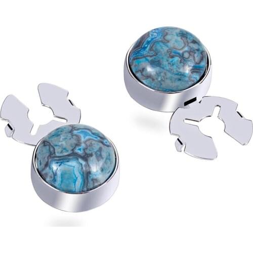 Blue Crazy Blue Agate Stone Silver BUTTON COVER cufflinks for Tuxedo Business Formal Shirts 17.6MM one pair