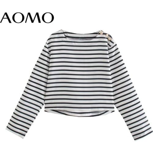 AOMO 2021 Women Striped Print Shoulder Buttons Decorate T Shirt Long Sleeve O Neck Tees Ladies Shirt Street Wear Top JE167A