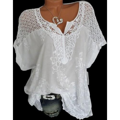 Summer Casual Plus Size Women Blouses 2021 Short Sleeve Lace Patchwork Chiffon Shirt White Hollow Batwing Sleeve Loose Clothing