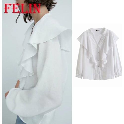 Za 2021 Women Chic White Ruffles Vintage Shirts Fashion Autumn Long Sleeve V Neck Office Lady Blouses Elegant Mujer Tops