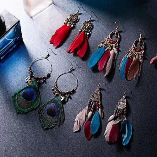 Women Earrings Bohemian Fake Feather Tassel Long Drop Earrings Dangle Earrings Long Feather Tassel Earrings