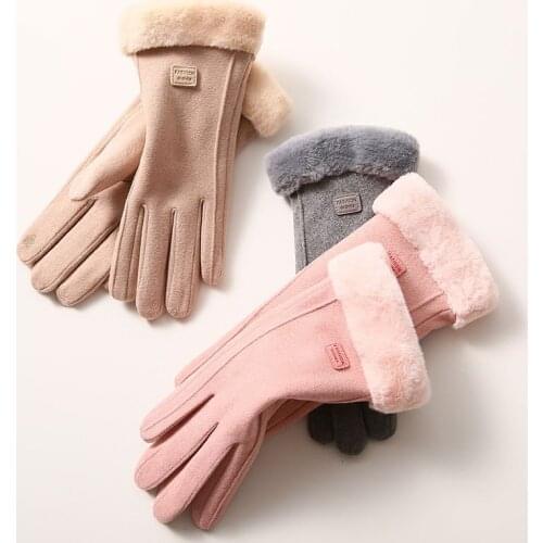 Women Warming Hand Gloves Suede Gloves Women Winter Plus Velvet Warm Thick Touches Screen Outdoor Riding Running Driving