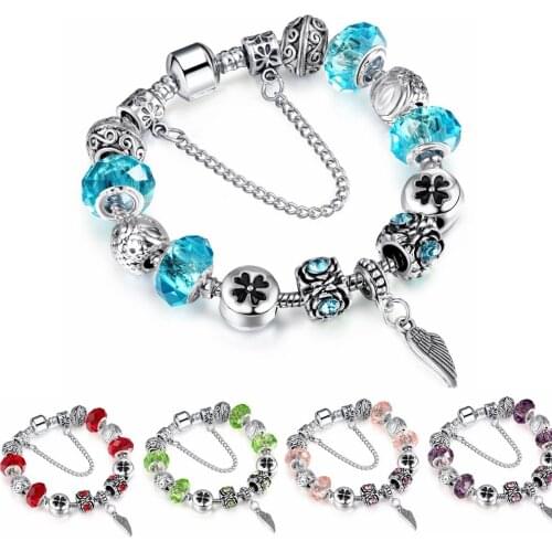 DIY S925 Sterling Silver Color Beaded Bracelet For Women Elegant Large Hole Beads Silver Filled Wing Bracelets Fine jewelry Gift