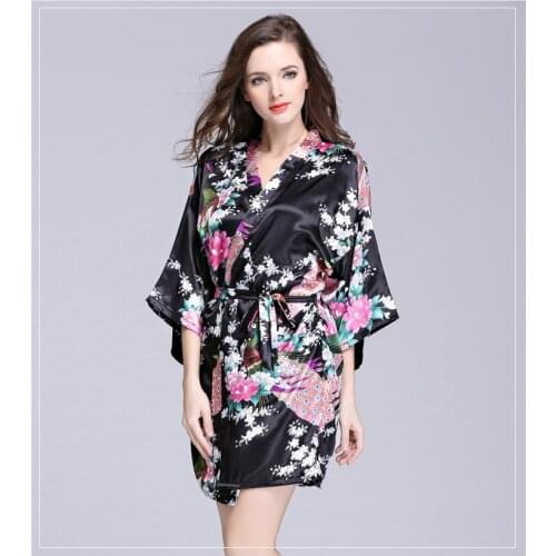 Plus Size Navy Blue Womens Night Robe Kimono Female Faux Silk Bath Gown Summer Sleepwear Peafowl Size S M L XL XXL XXXL Srj01