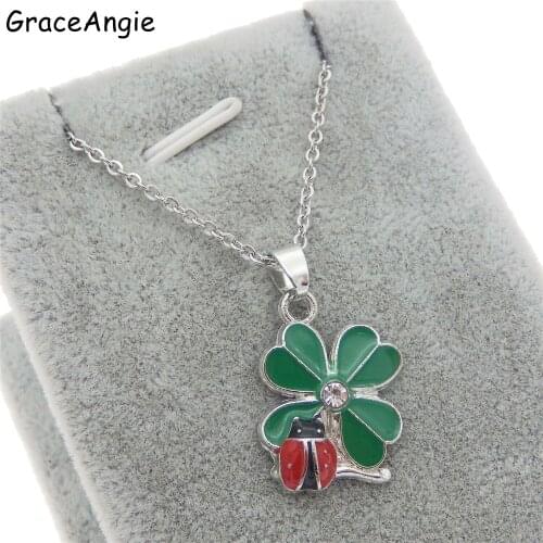 Earring+necklace Stainless Steel Chain Cute Baby Gift Women Mosaic CZ Zircon Lucky Clover Ladybug Jewely Set Necklace Earrings