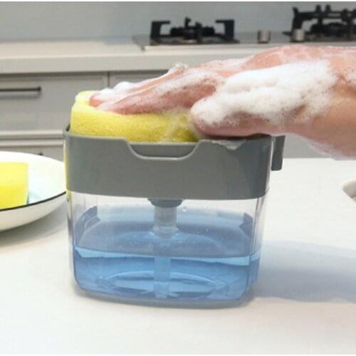 2-In-1 Soap Pump Dispenser With Sponge Holder Liquid Container Hand Press Organizer Kitchen Cleaner Tool