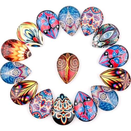 20Pcs/lot 10X14/13X18/18X25/20X30mm Mixed Bohemia Folk Patterns Waterdrop Shape Glass Cabochon Beads Jewelry DIY Making Findings