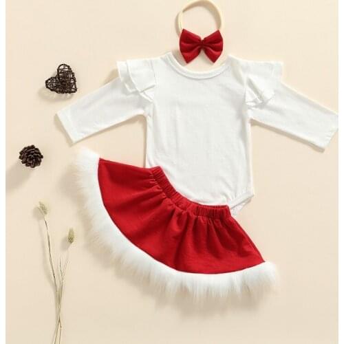 0-24M Newborn Baby Girl Long Sleeve Cotton Bodysuit Tops Fur Skirt Bottom Headband 3PCS Xmas Baby Clothing Set