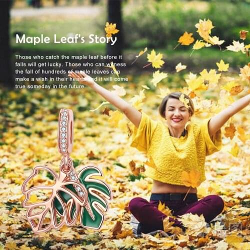 925 sterling silver Monstera bead green leaf zircon rose gold plant pendant charm fit European bracelet for women boho Jewelry