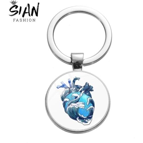 SIAN Ocean Wave Organ Heart Glass Round Keychain Steampunk Novelty Blue Whale Pattern Handmade Metal Key Rings Trinkets Gifts