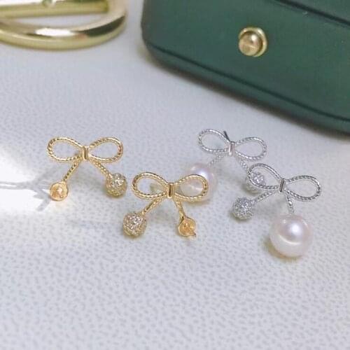 Bow Knot 925 Sterling Silver Earrings Findings Settings Base Mountings Parts Mounts for Coral Pearls Agate Crystal Stones Beads