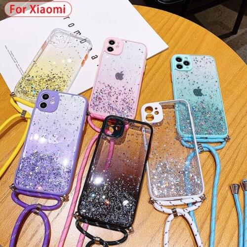 Sparkle Glitter Strap Cord Chain Phone Necklace Lanyard Case For Xiaomi Redmi Note 9 Pro 8 9S 9A 9C Camera Lens Protection Cover