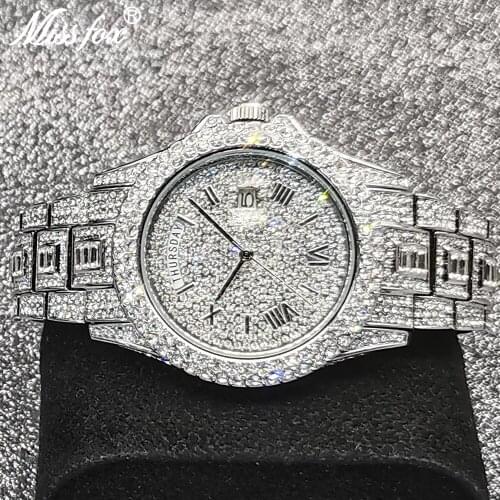 Men Watches MISSFOX Luxury Brand Iced Out Full Diamond Multifunction Date Adjust Watch Calendar Display AAA Quartz Jewelry Clock
