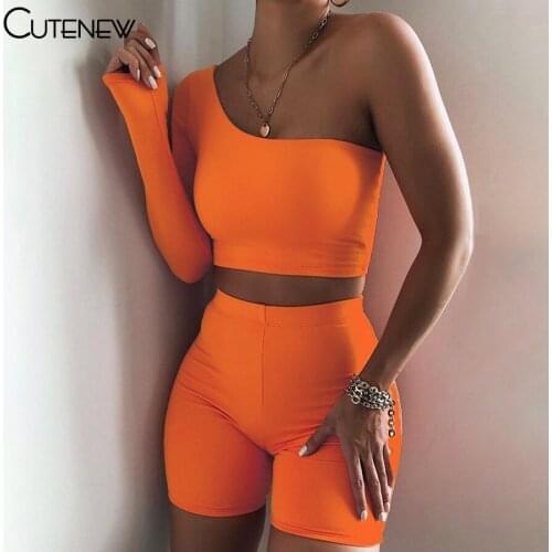 Cutenew Solid Asymmetrical Two Piece Sets Women Tracksuit Crop Tops+Elastic Bike Shorts Sporty Matching Suits Casual Lady Outfit