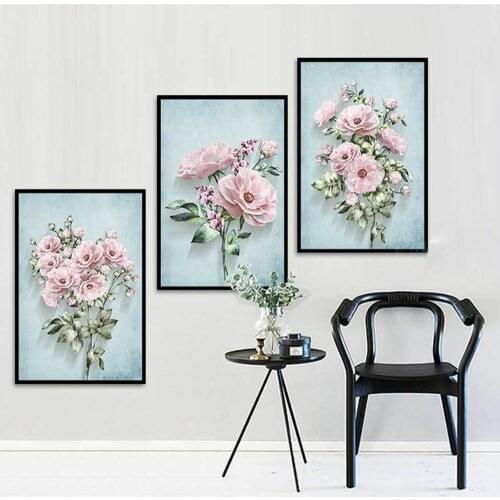 European Style Retro Plant Flowers Canvas Painting Small Fresh Pink Roses Poster Living Room Bedroom Wall art Decoration Picture
