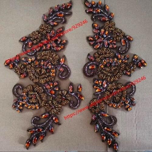 Brown glass crystal beaded applique for women over coat decoration fashion garment and clothing sewing rhinestones DIY accessory