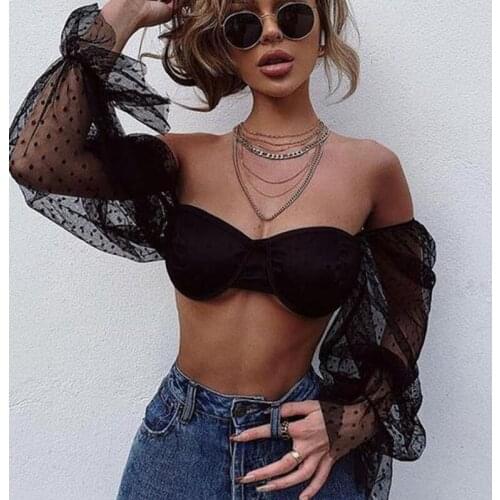 Sexy Crop Top Polka Dot Long Lantern Sleeve T-shirt Slash Neck Off Shoulder Backless Slim Fit Top Tee Women Streetwear Summer