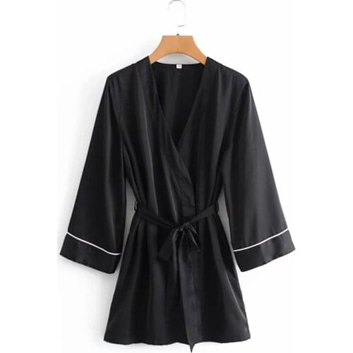 Merodi Chic Lady Elegant V-Neck Long Sleeve Hm Black High Waist Mini Dresses Women Casual Silk Satin Loose Dress With Belt Chic