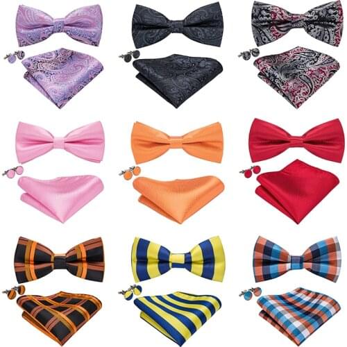 Fashion Blue Black Silk Paisley Bow Tie For Men Wedding Butterfly Handky Cufflinks Set Pre-Bowtie Adjustable Barry.Wang G-719