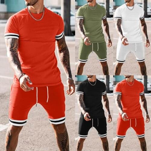 Mens Summer Splicing Short Sleeve Shorts Suit Sports Casual Suit Training Suit Summer T Shirt + Shorts Sports 2 Piece Set#G30