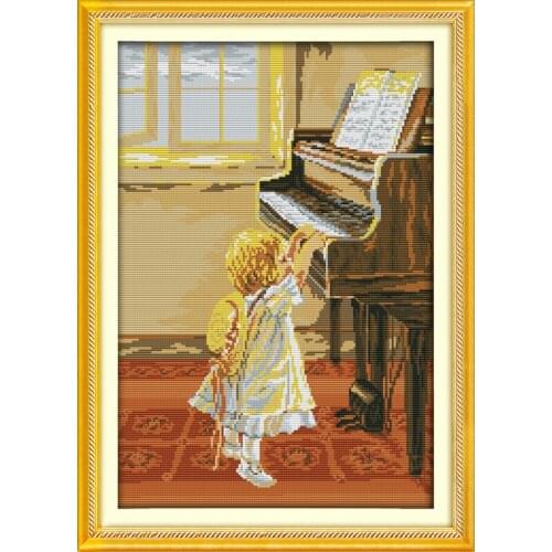 The little girl and the piano cross stitch kit people 18ct 14ct 11ct count print canvas stitches embroidery DIY handmade