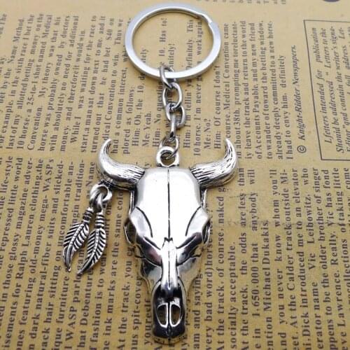 New Fashion Mens 30mm Keychain DIY Metal Retainer Chain Vintage Longhorn Bull Steering Head Silver Pendant Gift