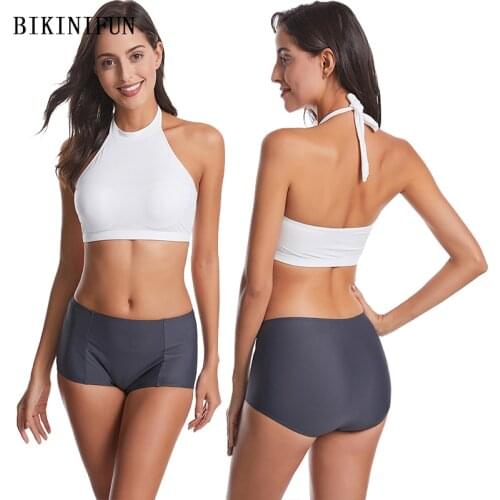 2020 New Sexy Crop Top Bikini Women High Neck Swimsuit Backless Halter Swimwear S-XL Girl Solid Color Beachwear Flat Bikini Set