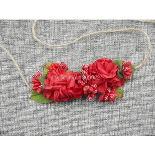 Handmade Infant Hairband Red Artificial Paper Rose Flower Berries Leaves Hemp Headband Baby Shower Newborn Photography Props