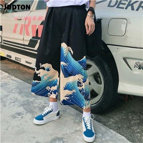 JDDTON Traditional Japanese Women Harem Wide Leg Pants Loose High Waist Kanagawa Print Trousers Casual Streetwear Female JE020