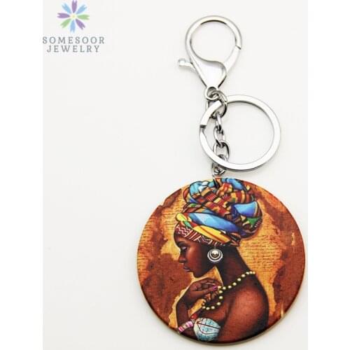 SOMESOOR Printed Afro Headwrap Woman Wooden Keyholder Black Arts African Ethnic Stainless Steel Keychain Jewelry For Women Gift