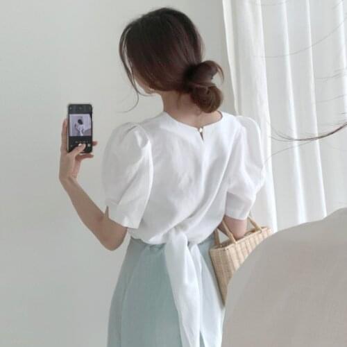 2020 New Arrivals Summer Women Tunic Korean Chic O-neck Back Lace-up Puff Sleeve Temperament shirt Short Crop Top Verano