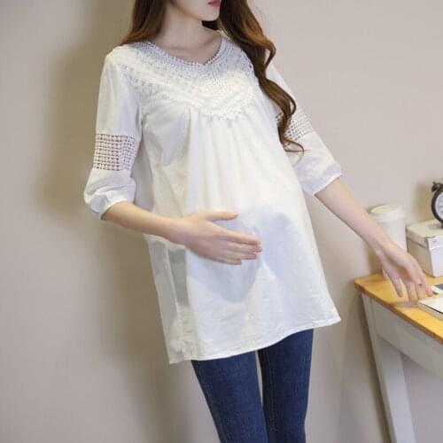 Spring Fashion Maternity T-shirts Lace Patchwork Loose Clothes for Pregnant Women Summer Office Work Pregnancy Tops Tunic Shirt