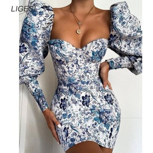 Puff Sleeve Vintage Blue Sexy Dress Party Evening Sweet Style Ruffle Square Neck Mini Bodycon Autumn Dress Women