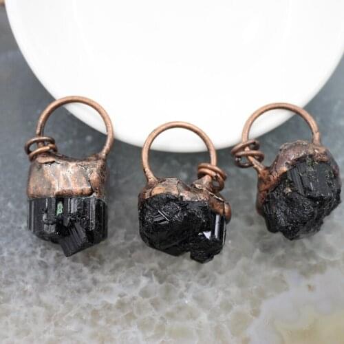 Natural Tourmaline Nugget Vintage Pendant,Chakra Black Quartz Antique Brass Necklace Used for DIY Jewelry Making Accessories