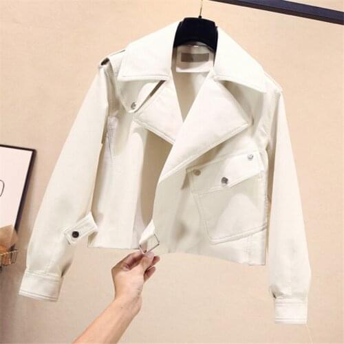Spring Short locomotive Coat Women 2021 New Korean Lapel Big Pocket Wash PU Faux Leather Jacket Loose Clothes Ladies Tide H1252