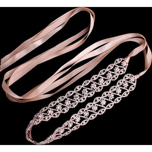 Floralbride Rose Gold Ribbon Clear Crystal Rhinestones diamante Wedding Headband Bridal Belt Hair Accessories Women Jewelry
