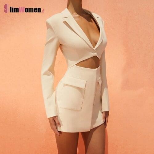 Fashion Long Sleeve Chic Blazer Dress Women Sexy Notched Collar Office Ladies Dresses Outfits Hollow Out Buttons Jacket 2021