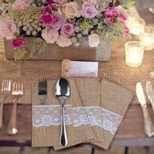 1PCS Vintage Jute Hessian Burlap Linen Lace Cutlery Pouch Rustic Wedding Decoration Party Birthday Tableware Supplies Holder Bag