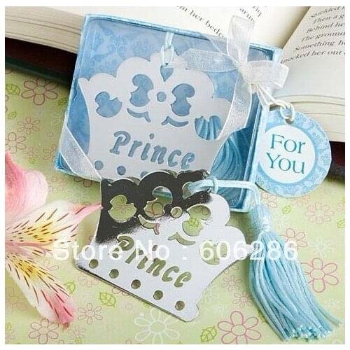 200pcs/lot silver Prince Crown Book mark metal with blue box for wedding return gifts and baby shower supplies