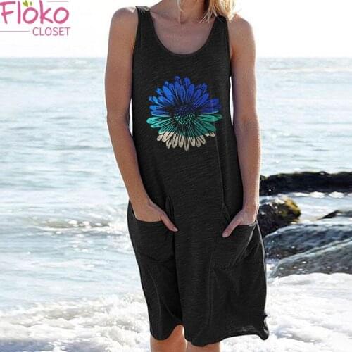Flokocloset Floral Print Sleeveless O-Neck Casual Midi Dress Casual Solid Color Party Dresses Beach Summer Dress with Pocket