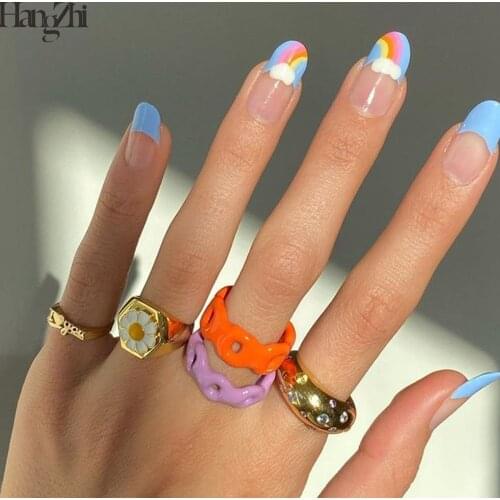 HangZhi 2021 New Colorful Dripping Oil Open Geometric Irregular Metal Rhinestone Rings for Women Girls Party Ring Jewelry Gifts
