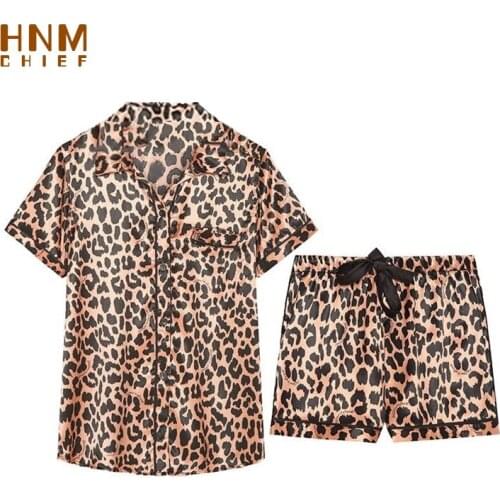 HNMCHIEF Brown Pajama Sets Leopard print Satin Night Suits Wear Ladies Pijama Sleepwear Silk Womens Sleepwears Sleep & Lounge