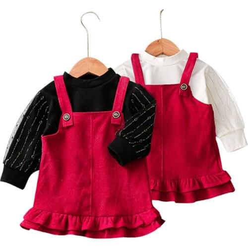 Girls' bubble sleeve and strap skirt 2-piece suit 2021 spring new 0-4 year old girls' baby foreign lace stitched lace skirt