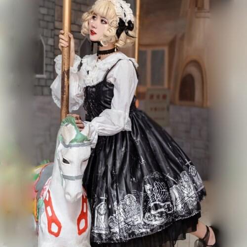 Sweet Womens Lolita JSK Dress Suspender Dress Sleeveless Lace Bows Trim Cross Printing One Piece Dress Black White