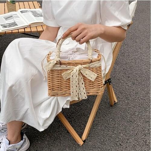 Fashion Bow Straw Bags Casual Hand Woven Shoulder Bag Seaside Vacation Designer Handbag Famous Brand Women 2021 Japan and Korea