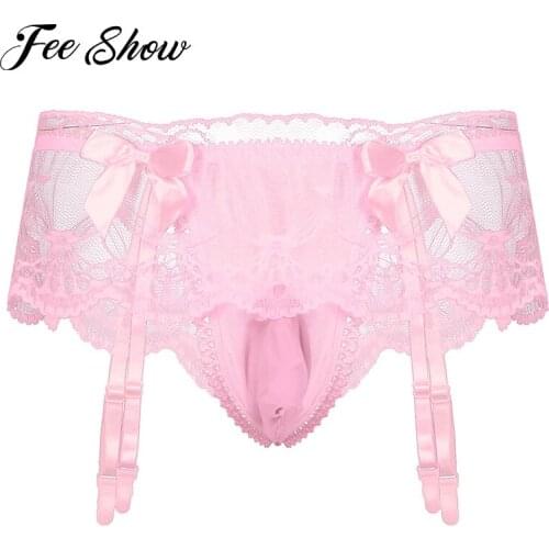 Men Sexy Sissy Panties Lingerie Costumes T-back Briefs with Bowknots Low-waist Bulge Pouch Panties Hollow Out Lace Gay Underwear
