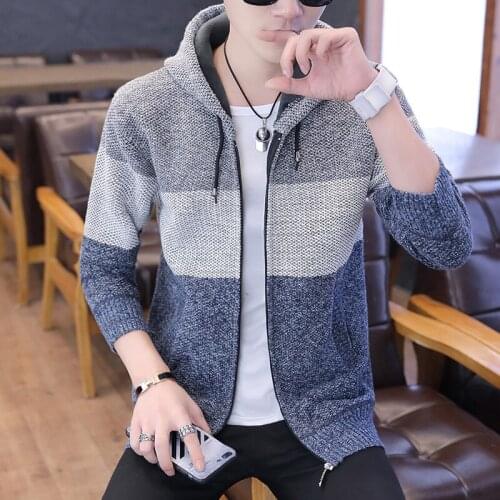 Mens Hooded Sweater Youthful Fashion Multi-color Cardigan with Zipper Double Side Pockets Mens Wool Cloth Can Be Worn Outside