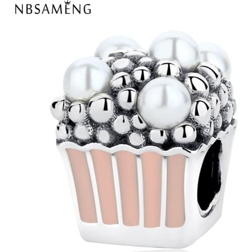 NBSAMENG 100% 925 Sterling Silver Bead Delicious Popcorn Charms White Crystal Pearl Beads Fit Bracelets Women Jewelry