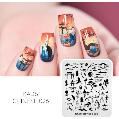 Nail Stamping Plate Chinese Style Nail Art Plate Mountain River Crane Design Image Manicure Template for PriMountain River Crane
